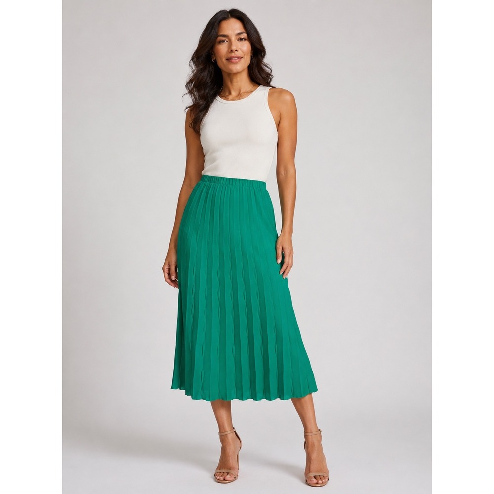 Nanette Lepore Green Pleated‎ Midi Skirt Womens Size Medium Elastic Waist Flowy